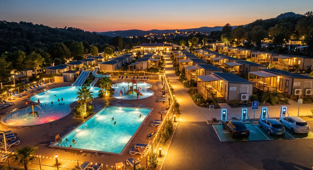 complexes aquatiques chauffés, climatisation dans les mobil-homes, éclairages nocturnes et bornes de recharge pour véhicules électriques.